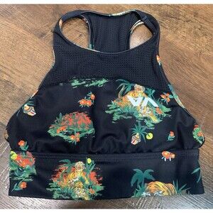 RVCA Women’s Size XS Black Tropical Print SPORTS TOP BRA Racer Back Logo Front